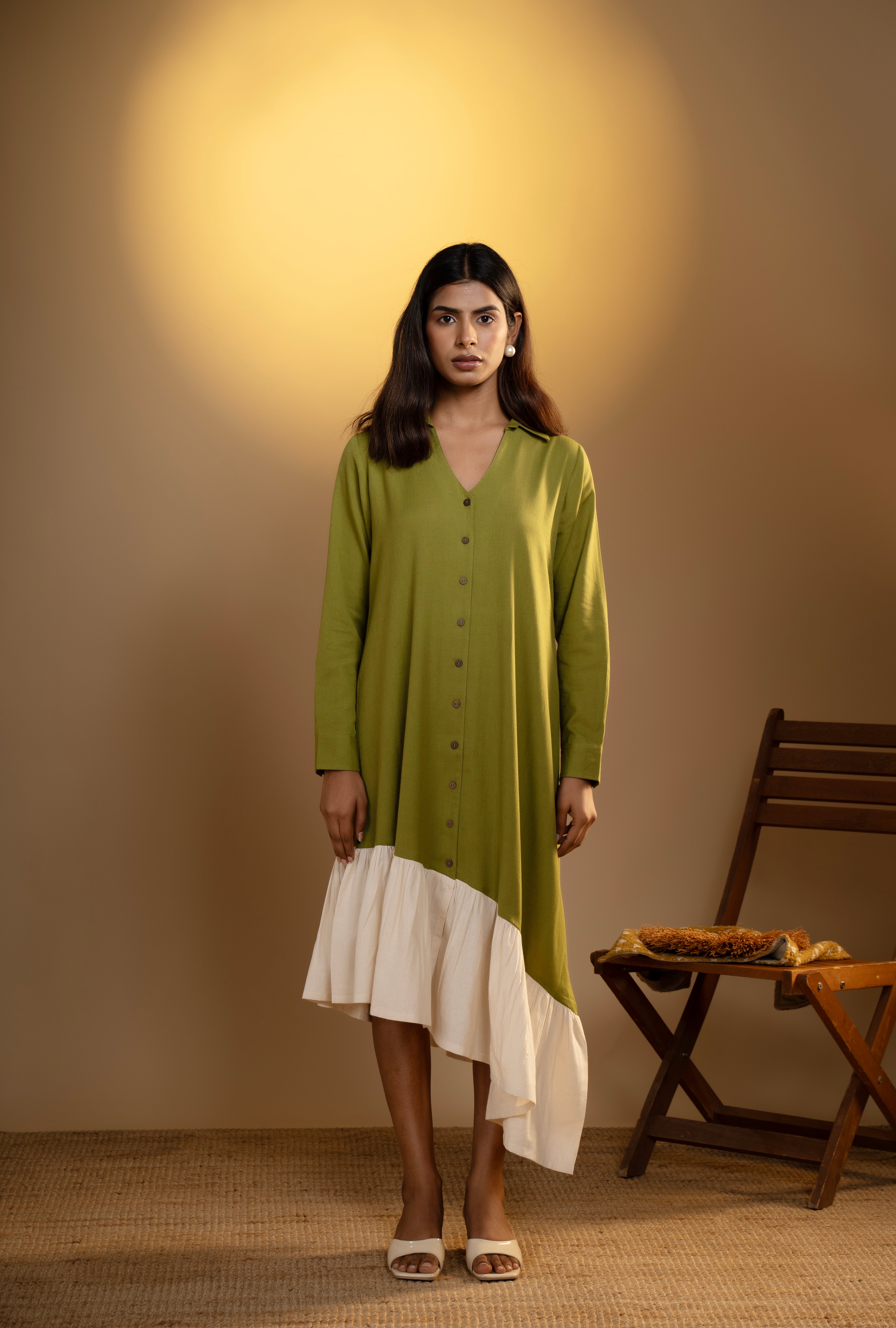 Olive Green Asymmetrical Flared Dress - Evening Wear Vihaag Olive Green Asymmetrical Flared Dress - Evening Wear Vihaag