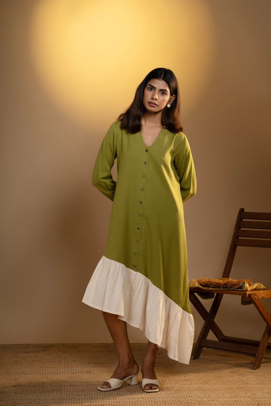 Olive Green Asymmetrical Flared Dress with Back Motif