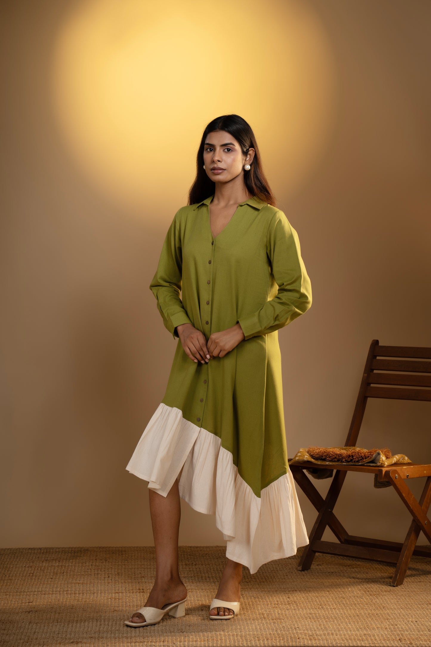 Olive Green Asymmetrical Flared Dress with Back Motif