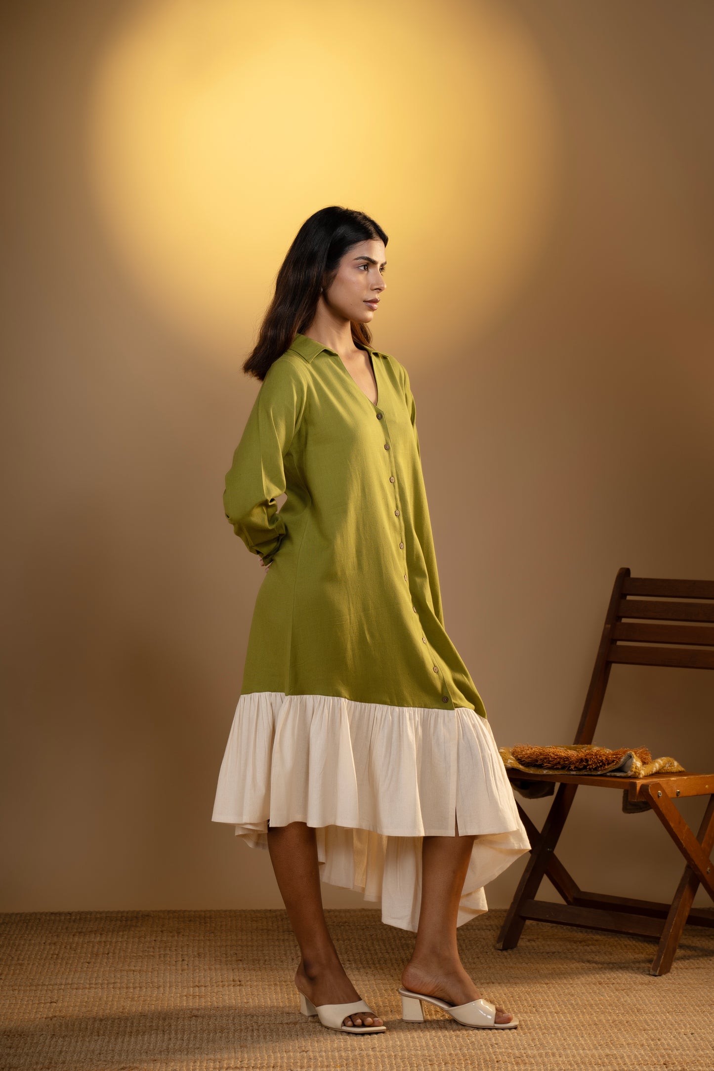 Olive Green Asymmetrical Flared Dress with Back Motif
