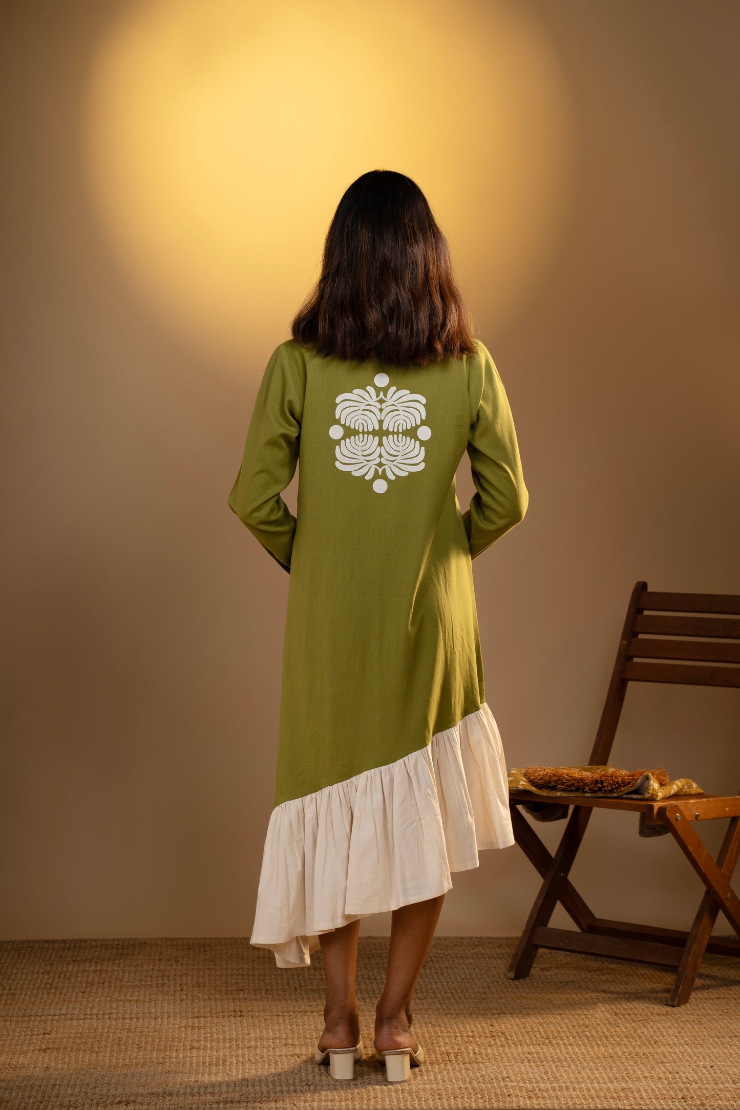Olive Green Asymmetrical Flared Dress with Back Motif