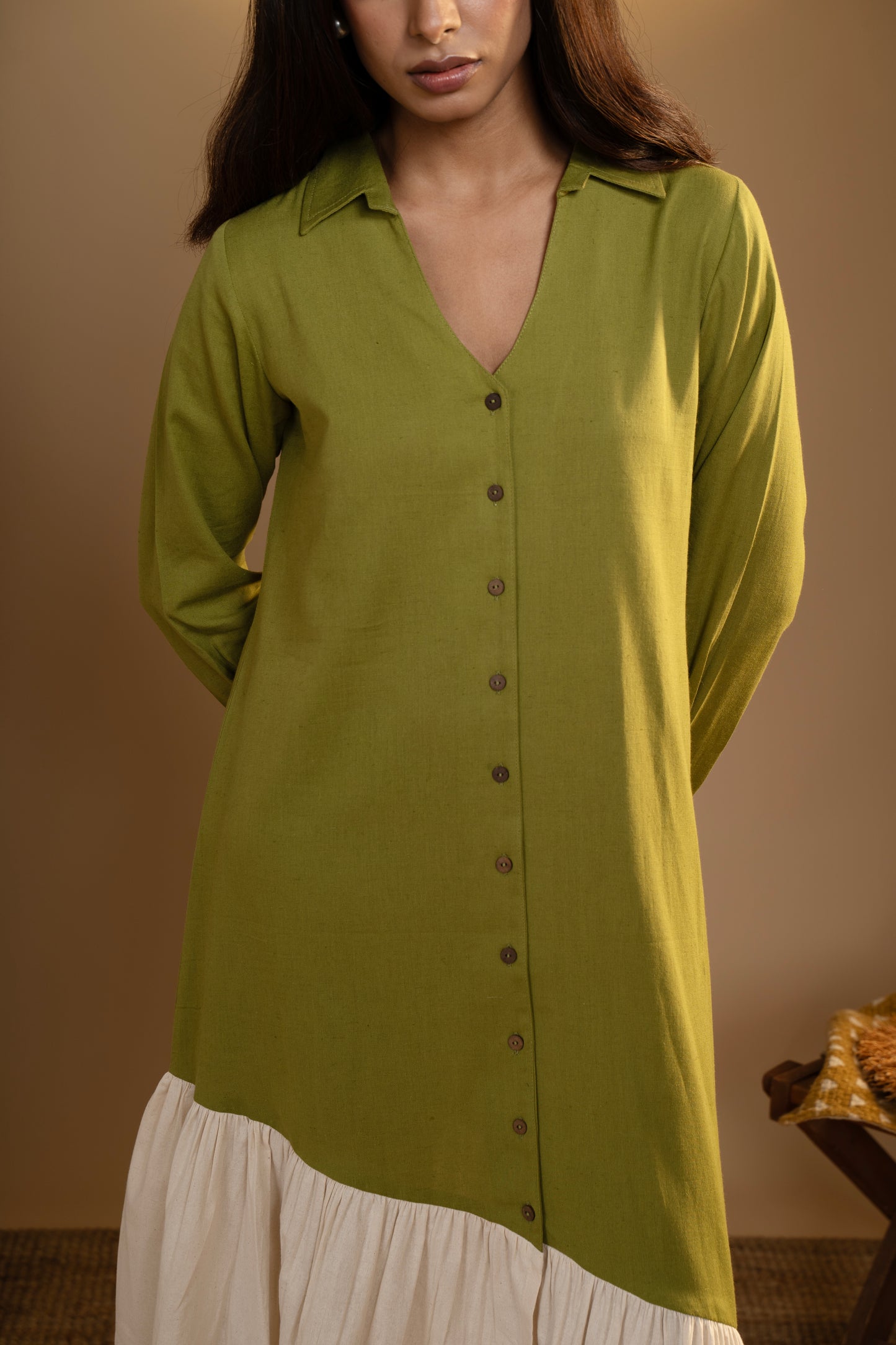 Olive Green Asymmetrical Flared Dress with Back Motif