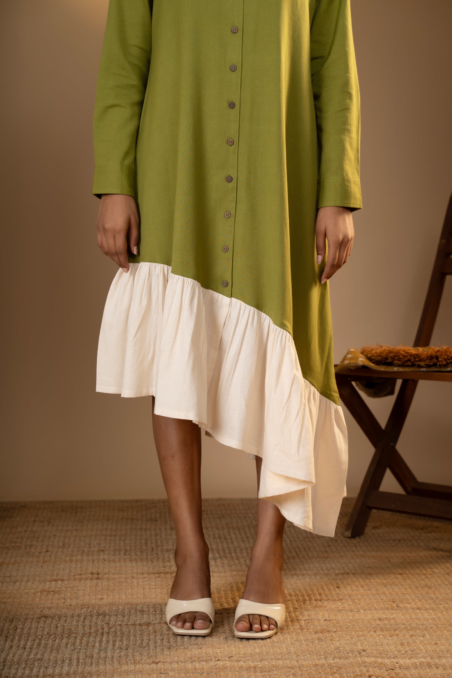 Olive Green Asymmetrical Flared Dress with Back Motif