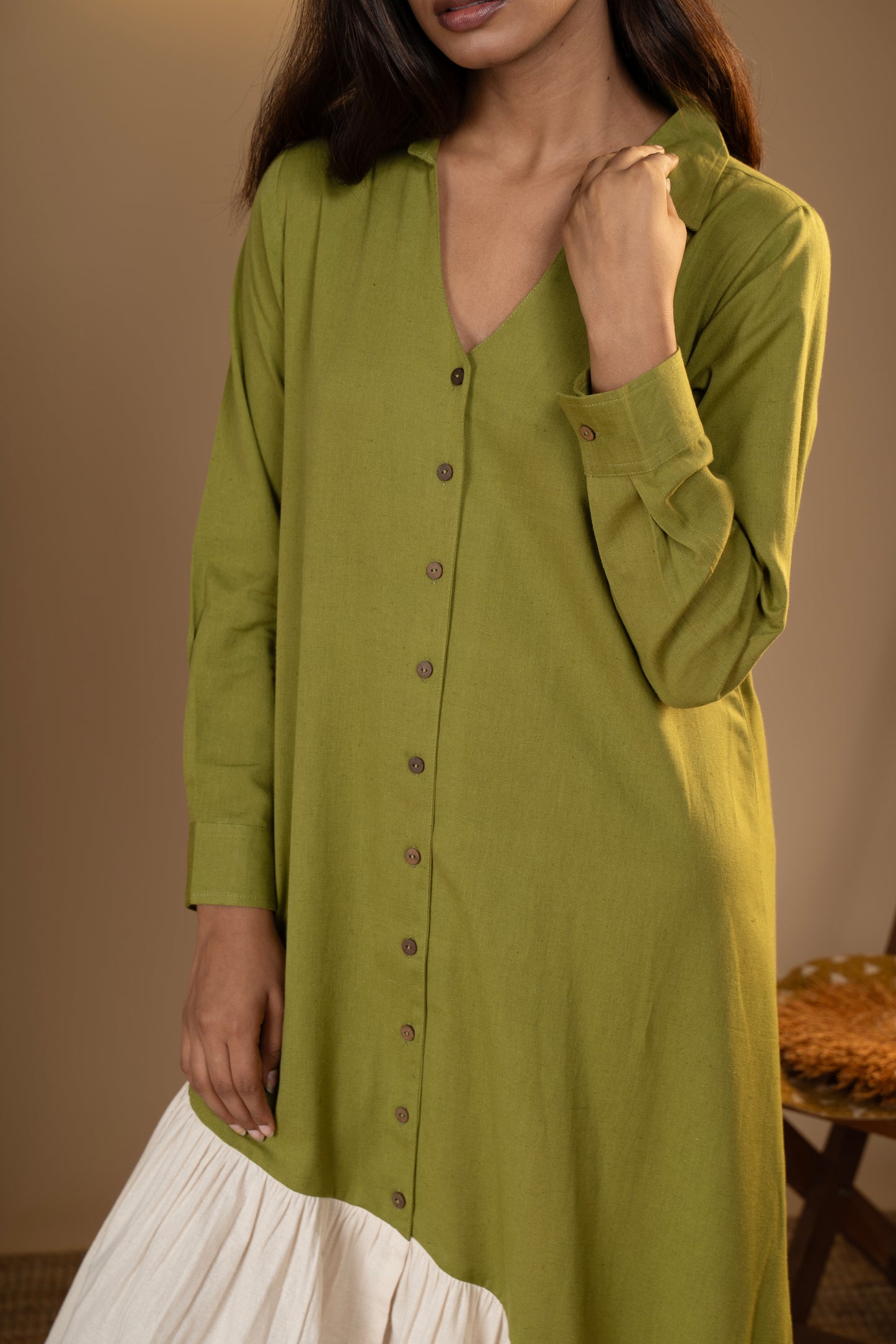 Olive Green Asymmetrical Flared Dress with Back Motif