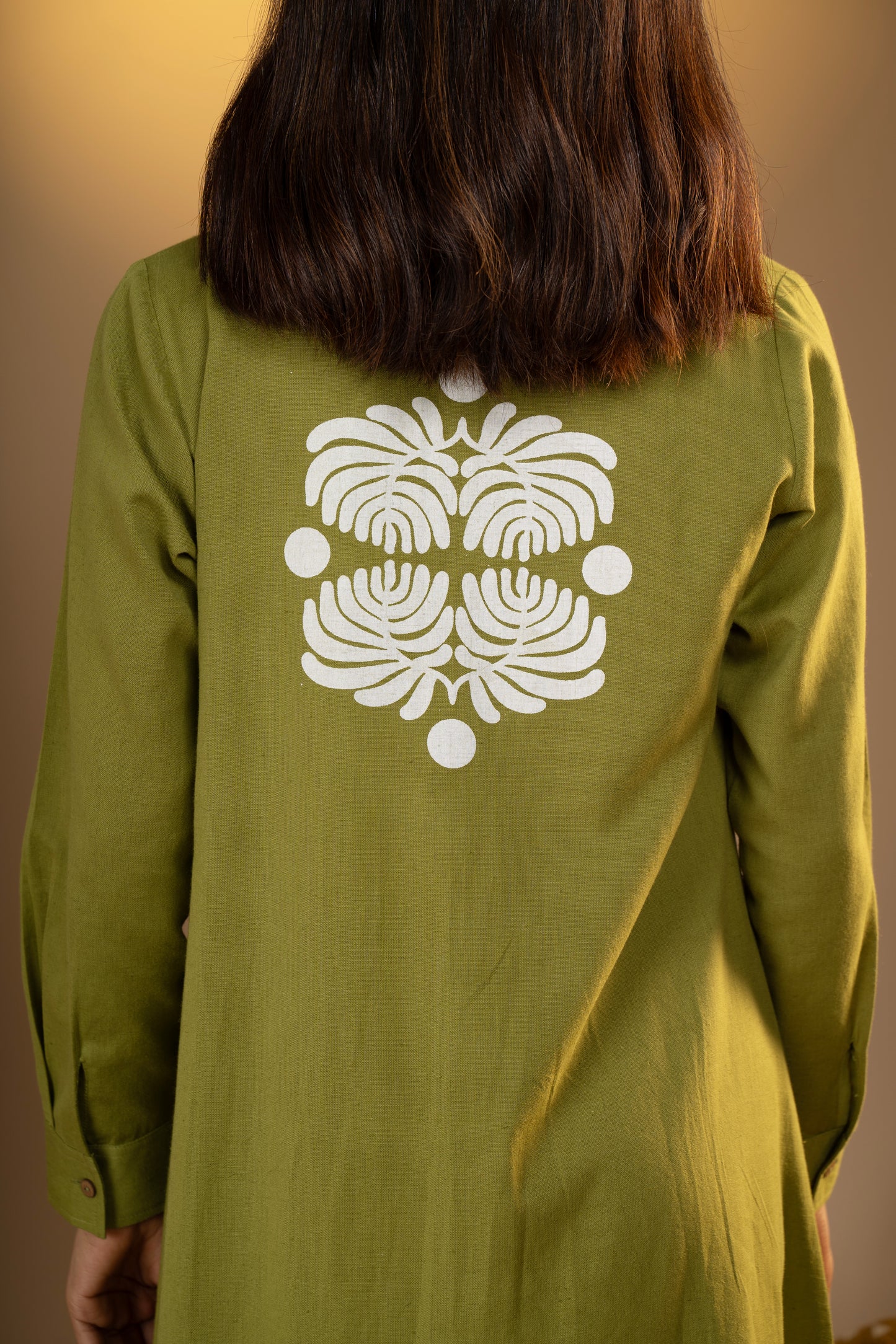 Olive Green Asymmetrical Flared Dress with Back Motif
