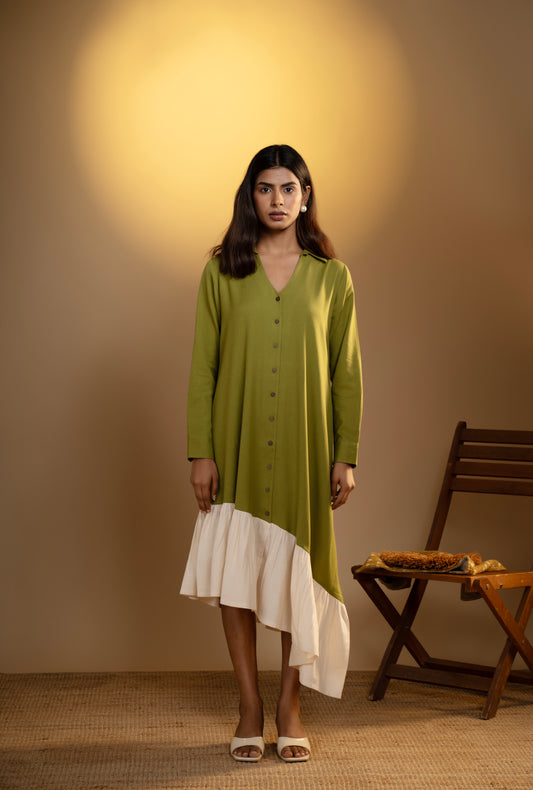 Olive Green Asymmetrical Flared Dress with Back Motif